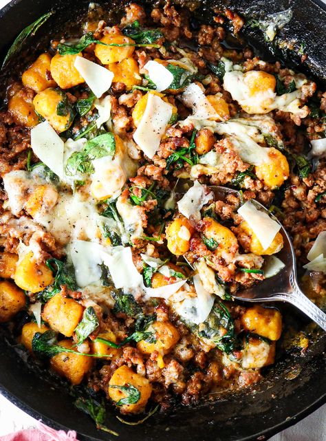 Gnocchi With Sweet Potato, Recipes With Trader Joes Sweet Potato Gnocchi, Sweet Potato Gnocchi Dinner, Healthy Sweet Potato Gnocchi, Sweet Potato And Italian Sausage, Sweet Potato Gnocchi And Sausage, Sweet Potatoes Gnocchi, Sweet Potato Sausage Pasta, Trader Joes Sweet Potato Gnocchi Recipe