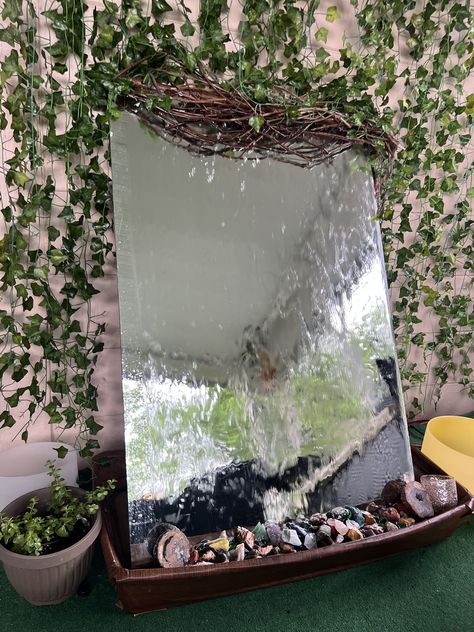 Mirror Waterfall Diy, Diy Cat Water Fountain With Plants, Diy Mirror Fountain, Waterfall Mirror Diy, Diy Waterfall Mirror, Fountain Mirror, Waterfall Mirror, Mirror Fountain, Mirror Waterfall