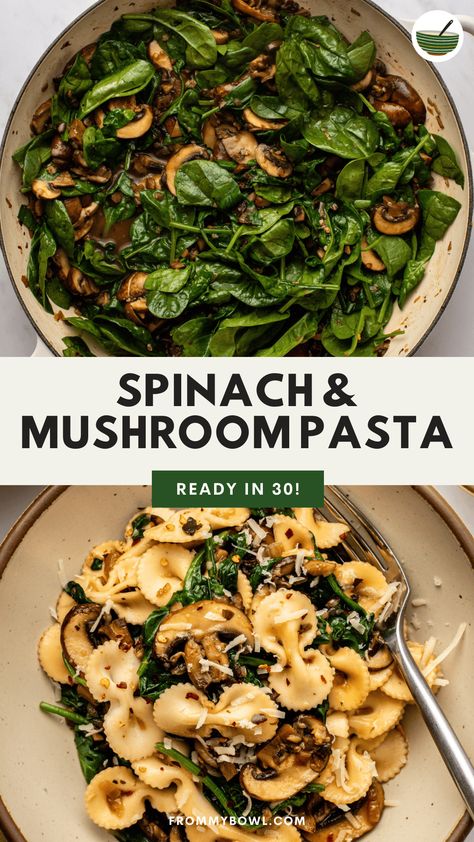 This easy, 30-minute Spinach Mushroom Pasta Recipe tosses seared mushrooms, spinach, garlic, and vegan parmesan with al dente pasta for a restaurant-quality dinner the whole family will love. Vegan, Gluten-Free Option. Mushroom Spinach Recipes, Spinach And Mushroom Pasta, Mushroom Spinach Pasta, Vegetarian Italian Recipes, Spinach Mushroom Pasta, Pasta With Mushrooms, Winter Pasta, Spinach Healthy, Healthy Pasta Dishes