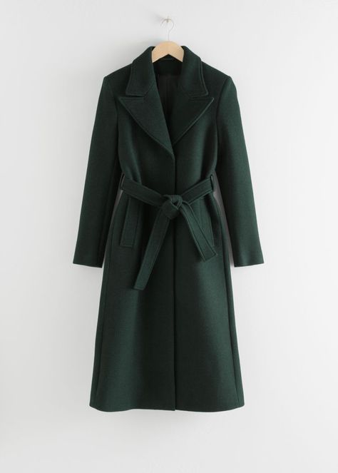 Herringbone Long Belted Coat | & Other Stories #andotherstories #fashion #coats Dark Green Coat, Green Wool Coat, Herringbone Coat, Long Coat Jacket, Trouser Outfits, Belted Coat, Green Coat, Wool Blend Coat, Fashion Story