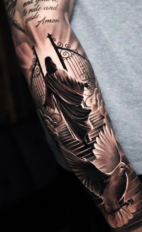 Gates Of Heaven Tattoo Forearm, Pearly Gates Tattoo, Stairway To Heaven Tattoo Forearm, Prince Of Peace Tattoo, Tattoo Of God, Jesus Walking On Water Tattoo, Staircase To Heaven Tattoo, Beautiful Forearm Tattoo, Armour Of God Tattoo