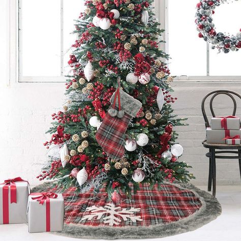 New 48 Inch Christmas Tree Skirt Red Plaid with Fur Lining and White Snowflake | Wish Plaid Tree Skirt, Holiday Tree Skirts, Plaid Christmas Tree Skirt, Xmas Tree Skirts, Buffalo Plaid Christmas Tree, Christmas Tree Dress, Plaid Christmas Tree, Christmas Linen, Xmas Tree Decorations