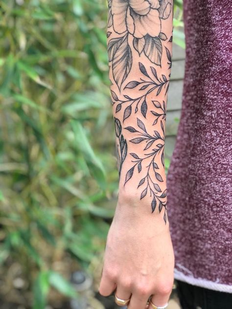 Vine Tattoos Sleeve Filler, Greenery Filler Tattoo, Vine Work Tattoo, Vines And Flowers Tattoo Sleeve, Black And Grey Vine Tattoo, Vine Filler Tattoo Ideas, Flower Vine Sleeve Tattoo, Vine Tattoo Filler Ideas, Foliage Sleeve Tattoo