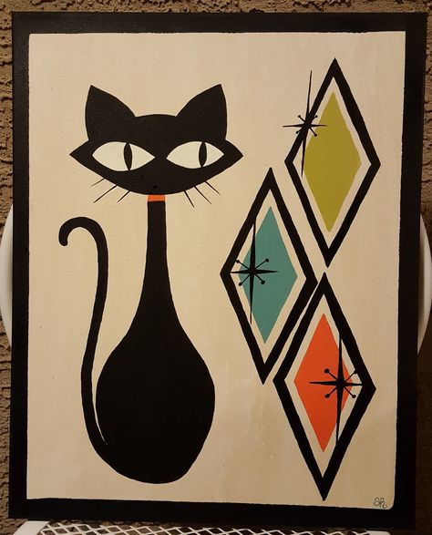 Atomic Cat Tattoo, Atomic Art Mid Century, Atomic Cat Christmas, Atomic Cat Art, Modern Cat Art, Atomic Art, Gallery Glass Retro Atomic Cat, Mid Century Modern Artwork, Mid Century Cat