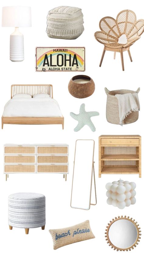 Beach Boho Bedroom Decor, Hawaii Dorm Room Ideas, Cool Beach Room Ideas, Summer Bedroom Ideas Beach Themes, Beach House Decor Aesthetic, Beach Style Room Bedrooms, Tsitp Room Decor, Costal Bedroom Idea Teen, Beachy Room Asthetics