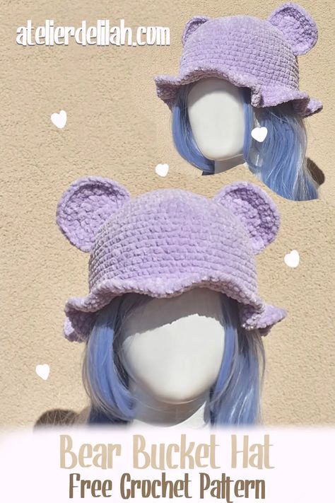 How To Crochet A Cozy Bear Bucket Hat For Your Kids - Atelier Delilah Crochet Bear Hat Pattern Free Kids, Crochet Bear Bucket Hat Free Pattern, Fluffy Crochet Hat Pattern, Easy Free Pattern Crochet, Bear Ear Crochet Hat, Crochet Build A Bear Accessories, Animal Hat Crochet Pattern Free, Crochet Patterns Kawaii, Crochet Cow Bucket Hat Free Pattern