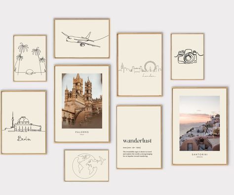 Travel gallery wall set of 20 PRINTABLES | home office decor | traveler gift | gallery wall set | travel Travel Photos Gallery Wall, Travel Inspired Office, Travel Bathroom Theme, Travel Photo Wall Ideas, Travel Room Decor, Travel Themed Bedroom, Travel Gallery Wall, Travel Inspired Decor, Travel Room