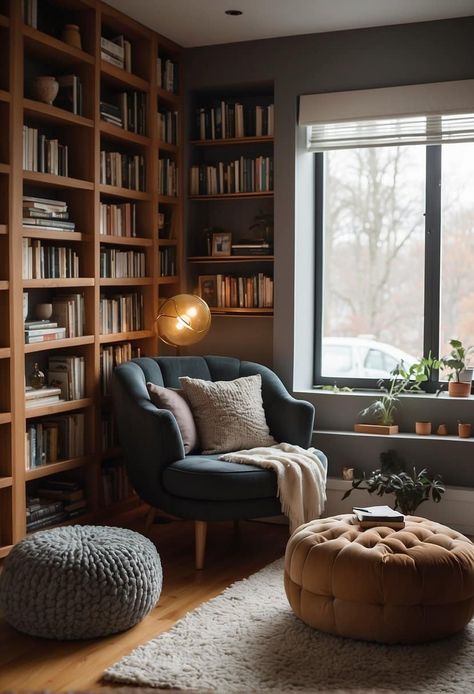 25 Cozy Reading Nook Ideas for Book Lovers Small Cozy Playroom, Reading Corner With Bookshelves, Reading Nook Book Shelves, Book Nook Reading Corner, Mens Reading Nook, Masculine Reading Nook, Reading Nook Apartment Small Rooms, Master Bedrooms Reading Nook, Dark Moody Reading Nook