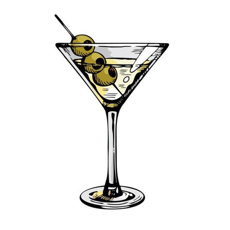 Martini glass with olives. Hand drawn alcohol cocktail, vector illustration isolated on white Paintings Of Alcoholic Drinks, Cocktail Vector Illustrations, Martini Illustration Graphics, Martini Glass Illustration, Cocktail Glass Drawing, Cocktail Glasses Illustration, Cocktail Illustration Graphic Design, Cocktail Glass Illustration, Martini Glass Drawing