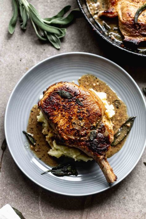 Pork Chops Plating, Apple Cider Gravy For Pork, Pork Chop Plating, Fall Pork Chop Recipes, Pork Chop Apple, Pork Chops With Apple Cider, Apple Cider Pork Chops, Pan Seared Pork Chops, New Year Menu