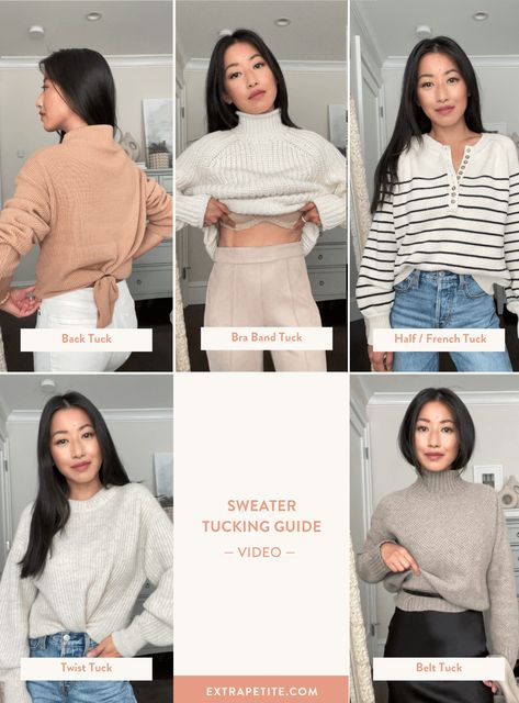 Cable Knit Sweater Tuck, Office Outfits Women Sweater, Big Sweater Hacks, Too Big Sweater Hack, Sweater Too Big Hacks, Sweater Office Outfits, Puff Sleeve Sweater Outfit, Petite Office Outfits, Sweater Tuck Hack