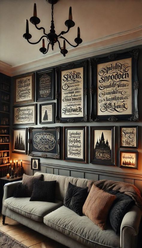 Harry Potter Living Room Decor, Horror Room Ideas, Horror Living Room, Fall Houses, Gothic Living Room Ideas, Harry Potter Living Room, Fall Houses Exterior, Halloween Living Room Decor, Gothic Living Room