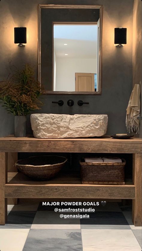 Dark Small Half Bath, Modern Lodge Bathroom Ideas, Organic Modern Half Bath, Modern Organic Powder Room, Half Bath Rustic, Organic Powder Room, Stone Sink Powder Room, Organic Modern Powder Room, Lodge Bathroom Ideas