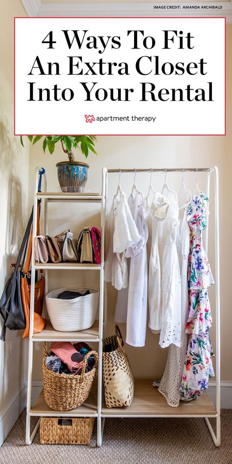 Here are 4 sneaky ways to squeeze an extra closet into your rental. #tipsandtricks #rentalapartment #closet #closetspace #dreamcloset #storage #storagetips #storageideas #closetideas #smallcloset Clothes Storage Without A Closet, Rental Closet, Maximize Small Closet Space, Maximize Small Closet, Closet Alternatives, Makeshift Closet, Dresser Alternative, Apartment Closet Organization, Lofted Bed