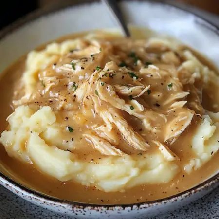 Chicken Gravy Seasoning, Shredded Chicken Mashed Potatoes And Gravy, Savory Slow Cooker Chicken With Gravy, Creamy Chicken Gravy Over Mashed Potatoes, Smothered Chicken And Mashed Potatoes, Shredded Chicken Over Mashed Potatoes, Cream Chicken Over Mashed Potatoes, Mashed Potato Meal Prep, Shredded Chicken Gravy Mashed Potatoes