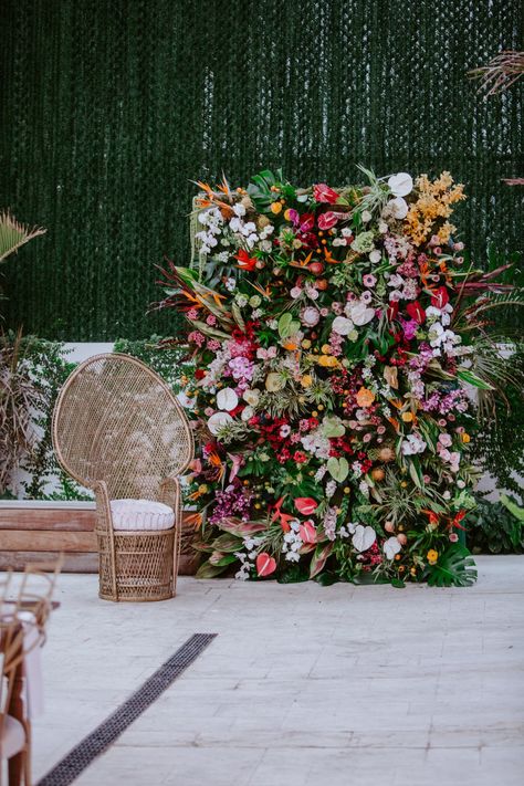 Tropical Flower Living Wall Wedding Reception • Chic Rooftop Wedding with Tropical Flowers, Foliage, and Fruit at The Betsy Hotel - South Beach, Miami Beach, FL. Images by Catalina Ayubi Photography. Real Weddings on Here Comes The Guide. Decor Photobooth, Backdrop Bedroom, Photowall Ideas, Flower Wall Wedding, Grass Wall, Light Backdrop, Flower Wall Backdrop, Rooftop Wedding, Beautiful Wedding Venues