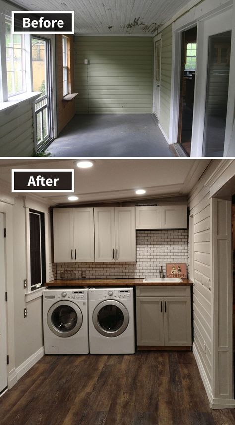 Architecture Renovation, Dark Countertops, House Makeovers, Brown Cabinets, Makeover Before And After, Laundry Room Cabinets, Home Remodeling Diy, Countertops Kitchen, Dark Cabinets