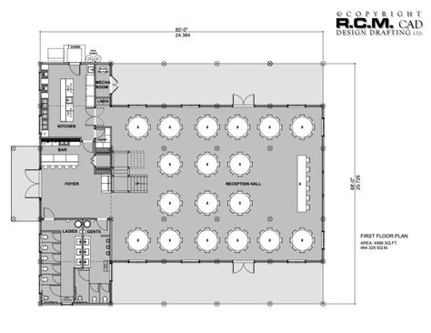 5620 Wedding Barn - RCM Cad Design Drafting Ltd. Venue Layout Design, Banquet Hall Design Plan, Event Hall Plan, Wedding Hall Plan Architecture, Wedding Dining Hall, Reception Floor Plan Layout, Event Center Floor Plans Wedding Venues, Wedding Salon Design, Banquet Hall Plan Layout Design