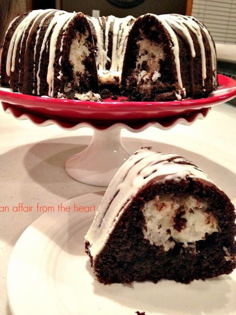 Chocolate Macaron Bundt Cake, Tunnel Bundt Cake Recipes, Almond Joy Bundt Cake, Pudding Filled Bundt Cake Recipes, Chocolate Macaroon Bundt Cake Recipe, Filled Bundt Cake Recipes, Tunnel Of Fudge Bundt Cake, Tunnel Cake, Bunt Cake Recipe