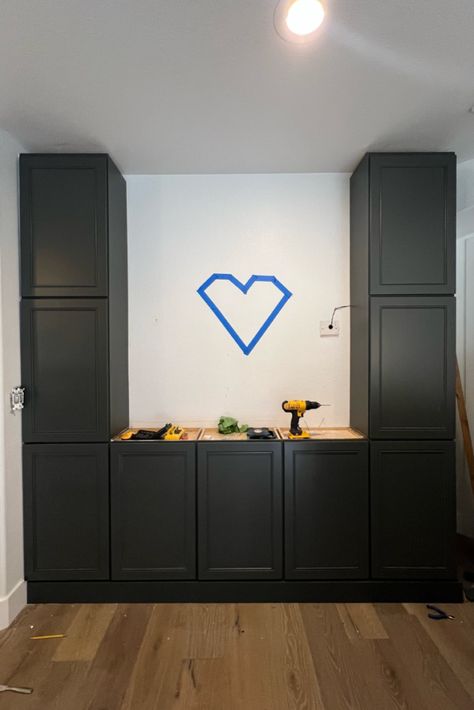 Storage Cabinet DIY Anyone Can Do Ikea Cabinet Garage, Diy Small Wall Cabinet, Diy Playroom Built Ins, Cabinet Storage Wall, Diy Basement Storage Cabinets, Diy Wall Cabinet Bedroom, Diy Extra Kitchen Storage, Basement Storage Wall, Built In Storage Wall Storage Cabinets