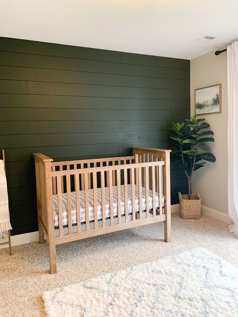 Green Shiplap, Neutral Boy Nursery, Green Nursery Boy, Name Sign For Nursery, Nursery Accent Wall, Nursery Reveal, Boy Nursery Themes, Shiplap Wall, Nursery Name Sign