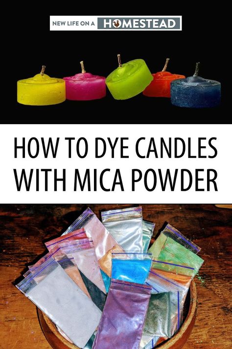 Dyeing candles using mica powder is a really cheap way to making stunning-looking candles. A fun DIY project you can do on a weekend. #DIY #candlemaking Mica Powder Candles Diy, Candle Dye Diy, How To Color Candles Diy, How To Make Intention Candles, Mica Powder Candles, How To Dye Candles, How To Color Candles, Mica Powder Uses, Mica Candles