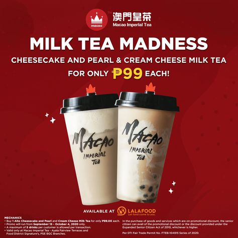 Macao Imperial Tea – Cheesecake and Pearl & Cream Cheese Milk Tea for ₱99 Each Macao Imperial Tea, Tea Cheesecake, Pearl Milk Tea, Pearl Cream, Sweet Treat, Milk Tea, Goods And Services, Cream Cheese, Sweet Treats