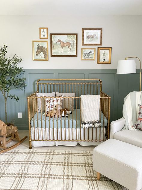 Kayla Weber Art Gender Neutral Nursery Mid Century, Kayla Weber Art, Old Timey Nursery, Old Time Nursery, Old School Nursery Room, Ocean Aesthetic Nursery, Nursery With Brown Crib, Gold Crib Boy Nursery, New England Nursery