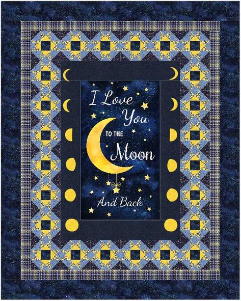 Perfect for your little loved one to bring sweet dreams every night. The “Love You to the Moon and Back” panel is surrounded by pieced stars and appliqued moons. Moon Quilt, Clothespin Crafts, Panel Ideas, Panel Quilt Patterns, Cottage Quilt, House Quilts, Applique Pattern, Twin Quilt, Panel Quilts