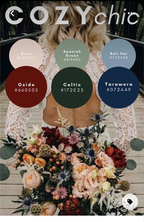 Boho Wedding Color Schemes Fall, Cozy Chic Wedding Colors, Elopement Color Schemes, Wedding Color Schemes Boho, Bohemian Wedding Theme Color Palettes, Wedding Colour Palettes 2023, Boho Colors Wedding, Deep Winter Color Palette Wedding, Bridal Color Schemes Fall