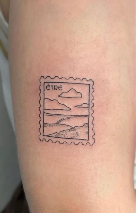 Ireland Minimalist Tattoo, Irish Music Tattoo, Northern Ireland Tattoo Ideas, Tattoos In Irish, Ireland Postage Stamp Tattoo, Dainty Irish Tattoo, Irish Post Stamp Tattoo, Ireland Travel Tattoo, Irish Small Tattoos