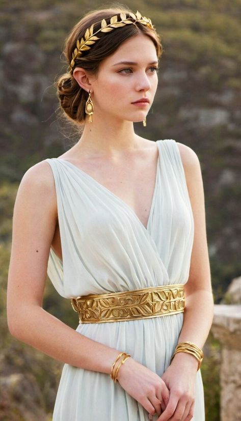 Greek Hairstyles Goddess, Greek Dress Goddesses, Greek Goddess Outfit, Ancient Greek Dress, Greek Outfit, Greek God Costume, Greek Hair, Greek Dress, Greek Goddess Dress