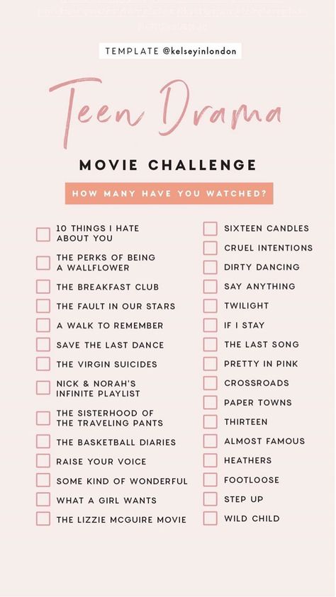 Teen Drama Movie Challenge Instagram Story Template by @kelseyinlondon #InstaStory #StoryTemp #InstagramStory #StoryTemplate #InstagramStoryTemplate #TeenDrama #Drama #Movie #MovieChallenge #Challenge #Checklist Netflix Movie List, Drama Films, Movie Challenge, Challenge Instagram, Gu Family Books, Netflix Movies To Watch, Save The Last Dance, Movie To Watch List, Cruel Intentions