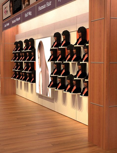 custom slatwall hair display racks, wig display shelf for shop Wig Shelves Ideas, Wigs Shop Design, Wig Shop Ideas Interior Design, Salon Wig Display Ideas, Wig Studio Ideas, Wig Boutique Ideas, Wig Walls, Hair Saloon Designs Interior, Wig Store Interior Design