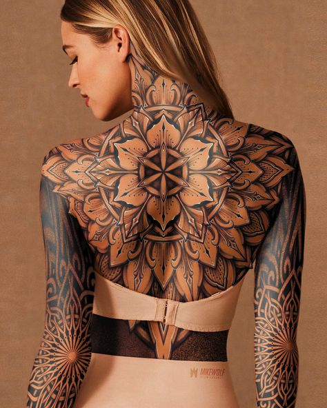 Mandala sleeve and backpiece concept. 🤎 #wannadotattoo #mandalatattoo Celestial Mandala Tattoo, Dark Back Tattoos Women, Mandala Tattoo Back Women, Sleeve Concepts Tattoo, Womens Back Piece Tattoo, Sacrum Tattoo, Mandala Back Tattoo Women, Mandala Sleeve Tattoo Women, Full Back Piece Tattoos For Women