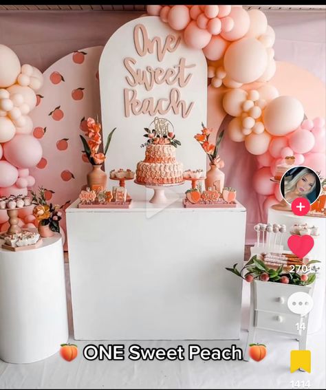 One Sweet Peach Balloon Garland, Two Peachy Birthday Theme, One Sweet Peach Birthday Balloons, One Sweet Peach Birthday Decorations, Isn’t She Lovely Birthday, One Sweet Peach Birthday Backdrop, Peach Themed 1st Birthday Party, First Birthday Peaches Theme, One Sweet Peach Birthday Theme