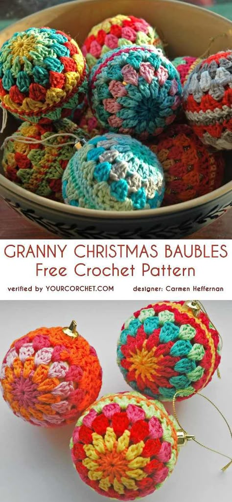 Granny Crochet Christmas Baubles, Granny Square Christmas Baubles, Crochet Bobble Ornament, Crochet Granny Ornaments, Granny Christmas Baubles, Crochet Granny Square Christmas Ornament, Easy Crochet Christmas Decorations Free Pattern, Knitted Xmas Tree Decorations, Diy Ornaments Crochet