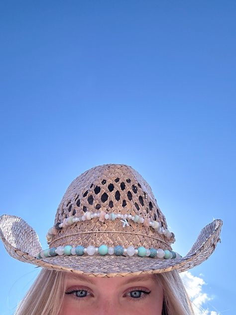 Hat is hobby lobby Beads are from michaels Woven Cowgirl Hat, Cowgirl Hat With Beads, Cowboy Hat Beads Diy, Cowgirl Hats With Beads, Costal Cowboy Hats, Cowgirl Hats Western Summer, Boho Beach Hat, Cowboy Hat Beads, Summer Cowgirl Hat