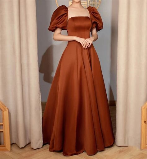 Puffy Sleeve Bridesmaid Dress, Brown Dress Formal Long Sleeve, Puffed Sleeve Prom Dress, Square Neckline Formal Dress, Fairy Formal Dress, Square Neck Prom Dress, Satin Bridesmaids Gowns, Gold Long Dress, Square Neck Wedding Dress