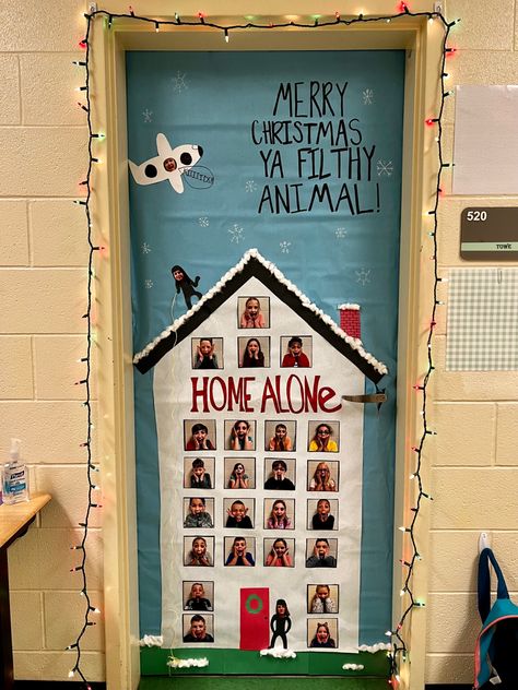 Christmas Themes For School Hallways, Door Design Classroom Christmas, Class Christmas Door Decorating Contest, Elf Themed Christmas Door, Funny Christmas Door Classroom, Christmas Decorating Door Contest, Middle School Christmas Door Decorations, Home Alone Bulletin Board Ideas, Home Alone Door Decorations For School