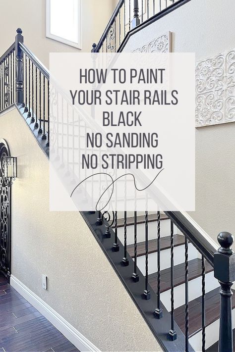 Paint Stair Treads Black, Painting A Staircase Railing, Painted Black Railing Stairs, Paint Bannister Black, Painting Wood Stairs Black, Black Banisters And Railings Wood, Painting Metal Stair Railings, Paint Banister Black, Chalk Paint Stair Railing