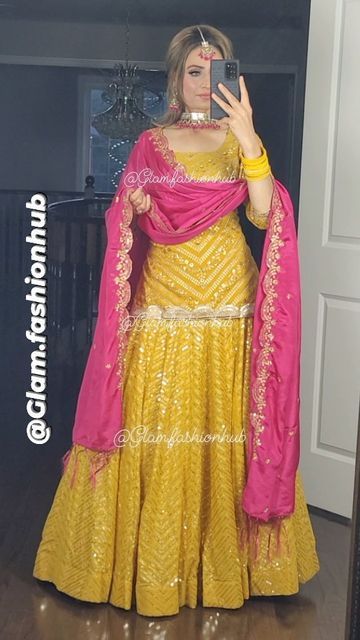 Yellow Dress Dupatta Combination, Yellow And Pink Traditional Outfits, Yellow Heavy Suit, Haldi Dress Combination, Haldi Organza Dress, Yellow And Pink Outfit Indian, Yellow Suit With Pink Dupatta, Lehnga Kurti Designs Latest Punjabi, Yellow Sarara Dress Indian Weddings