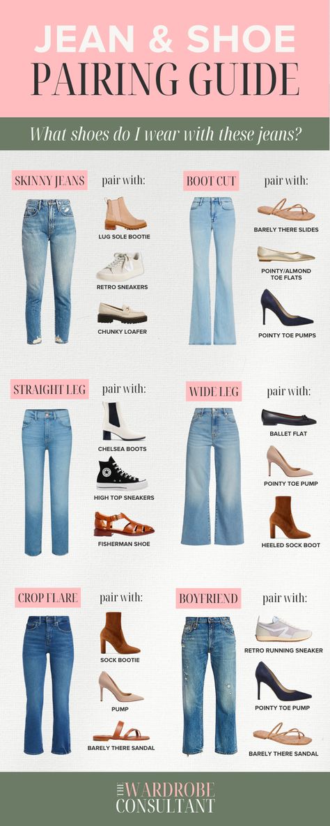 The Ultimate Guide To Matching Your Shoes To Your Jeans — The Wardrobe Consultant How To Wear Bootcut Jeans 2023, दरवाजा डिजाइन, Jeans And Shoes, Wardrobe Consultant, Mode Tips, Mode Costume, Fashion Capsule Wardrobe, Types Of Jeans, Fashion Vocabulary