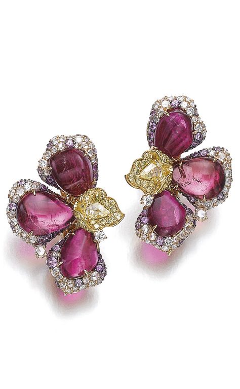 Pair of gem set and diamond ear clips, Michele della Valle. Each of floral design, set with cabochon tourmalines, brilliant-cut and rose diamonds of various colours, signed MdV, numbered, pouch stamped Michele della Valle. Most Expensive Earrings, Round Diamond Earrings, Ear Clips, Design Set, Gold Jewellery Design, Floral Earrings, Gold Jewelry Fashion, Pandora Jewelry, Ear Jewelry