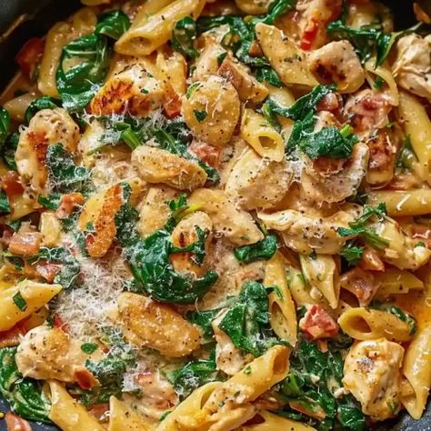 Marry me Chicken Pasta with Spinach - Better Homebase Pasta Recipes For Lunch, Chicken Florentine Pasta, Creamy Chicken Pasta Recipes, Pasta Healthy, Tuscan Chicken Pasta, Fitness Meals, Healthy Chicken Pasta, Chicken Pasta Recipes Healthy, Creamy Pasta Recipes