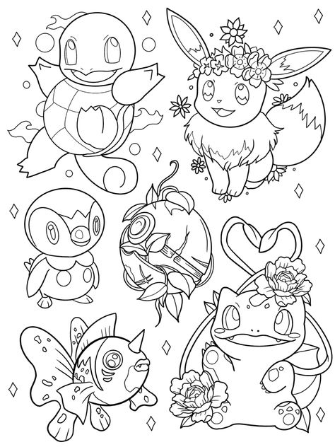 Coloring Pages Tattoo Art, Pokemon To Print, Pokemon Coloring Pages For Adults, Cute Pokemon Tattoo Design, Pokemon Line Drawing, Girly Pokemon Tattoo, Coloring Pages To Print Disney, Pokemon For Coloring, Pokemon Flash Sheet