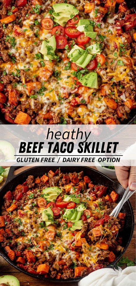 Use one pan to make this healthy taco skillet featuring ground beef, tender sweet potatoes and all the best taco topping. A healthy meal made in one pan will always have my heart. We love this simple dinner because it's packed with protein and veggies. Research shows exercise is more effective for weight management when paired with high-protein foods, like beef. We're even sharing a simple way to make this whole30, paleo and dairy free. #OhioBeef #Partner @ohiobeefcouncil Beef Taco Skillet, Taco Skillet, Healthy Taco, Sweet Potato Tacos, Healthy Ground Beef, High Protein Dinner, Ground Beef Recipes Healthy, Protein Dinner, Beef Taco