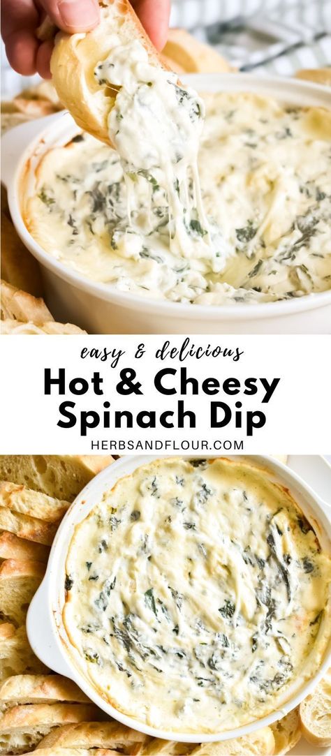 This hot Cheesy Spinach Dip recipe consists of three types of cheeses and fresh spinach baked until melty and gooey. Best of all, this hot spinach dip recipe is easy to make ahead of time and is always a crowd-pleasing appetizer! Healthy Hot Spinach Dip, Three Cheese Spinach Dip, Creamy Cheesy Spinach Dip, Spinach Dip With Fresh Spinach, Hot Dips For Parties Appetizers, Spinach Dip Recipe Easy, Fresh Spinach Dip, Hot Spinach Dip Recipe, Cheesy Spinach Dip