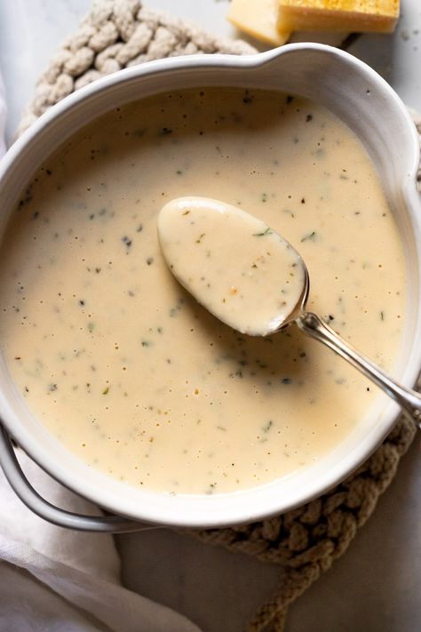 This garlic parmesan sauce is saving weeknight dinners—it's a versatile SOS sauce to the rescue! Make it anytime to dip, drizzle, top pizza, or serve with pasta. It's a creamy sauce ready in just 10 minutes and a garlic-lover's dream come true! Brandy Cream Sauce, Creamy Garlic Parmesan Sauce, Creamy Dipping Sauce, Parmesan Cheese Sauce, Creamy Garlic Pasta, Garlic Pizza, Garlic Parmesan Sauce, Garlic Cream Sauce, Parmesan Sauce