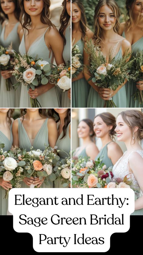 Bridesmaids wearing elegant sage green dresses, holding earthy bouquets for a timeless bridal party look. Sage Green Wedding Palette Color Pallets, Sage Green Color Palette Wedding Summer, Wedding Color Schemes Spring Green, June Bridal Party Colors, Sage Green Bridesmaid Dresses Colourful Flowers, Mossy Green Wedding Theme, Safe Green Bridal Party, Sage Spring Wedding, Sage Green Color Palette Wedding Colour Schemes